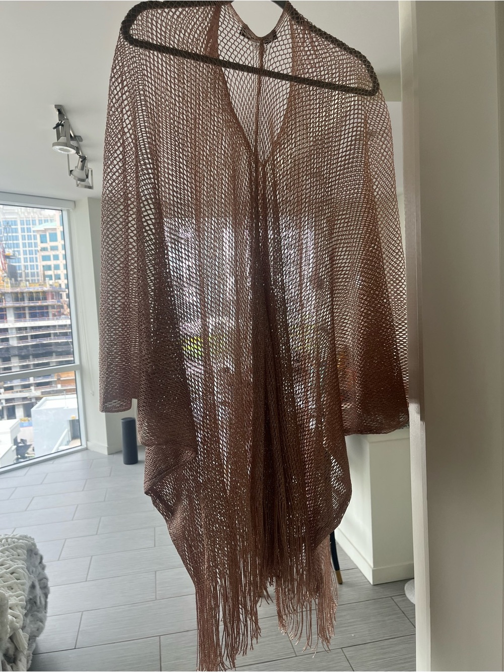 Lightweight Open-Knit Fringe Kimono in Rose Gold silver shimmer BCBG
